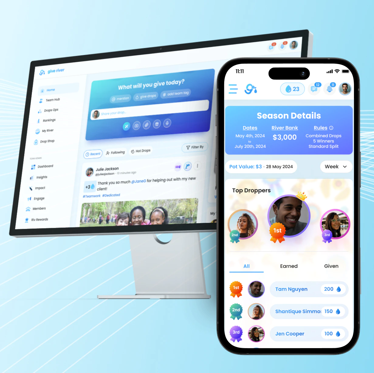Give River on computer browser and mobile