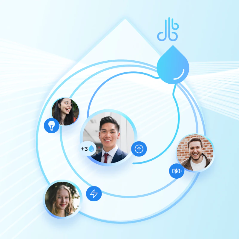 Profile photos of team members connected by a ripple effect