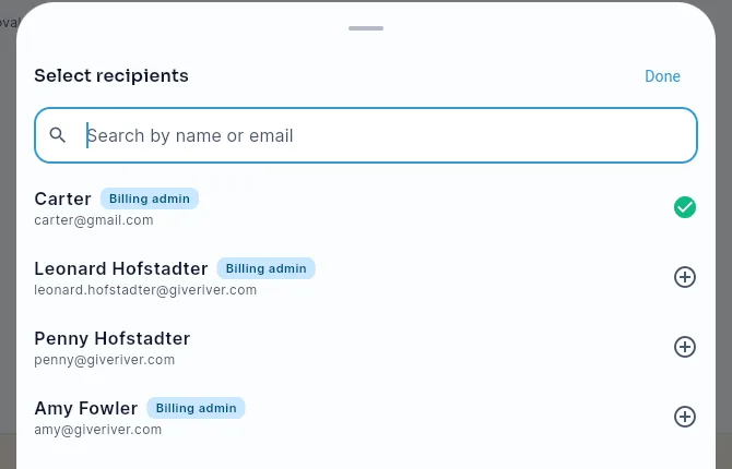 The recipient picker, with a search field and each admin showing a check or a plus to toggle selection.