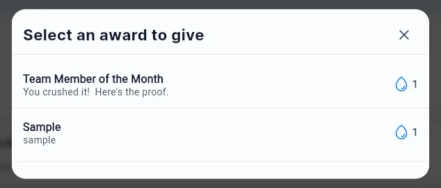 The award picker opened by Give Award, listing enabled awards with their drop value.