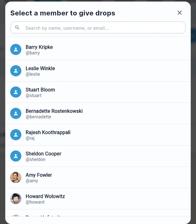 The member picker opened by Give Drops, with a search field and the team roster.