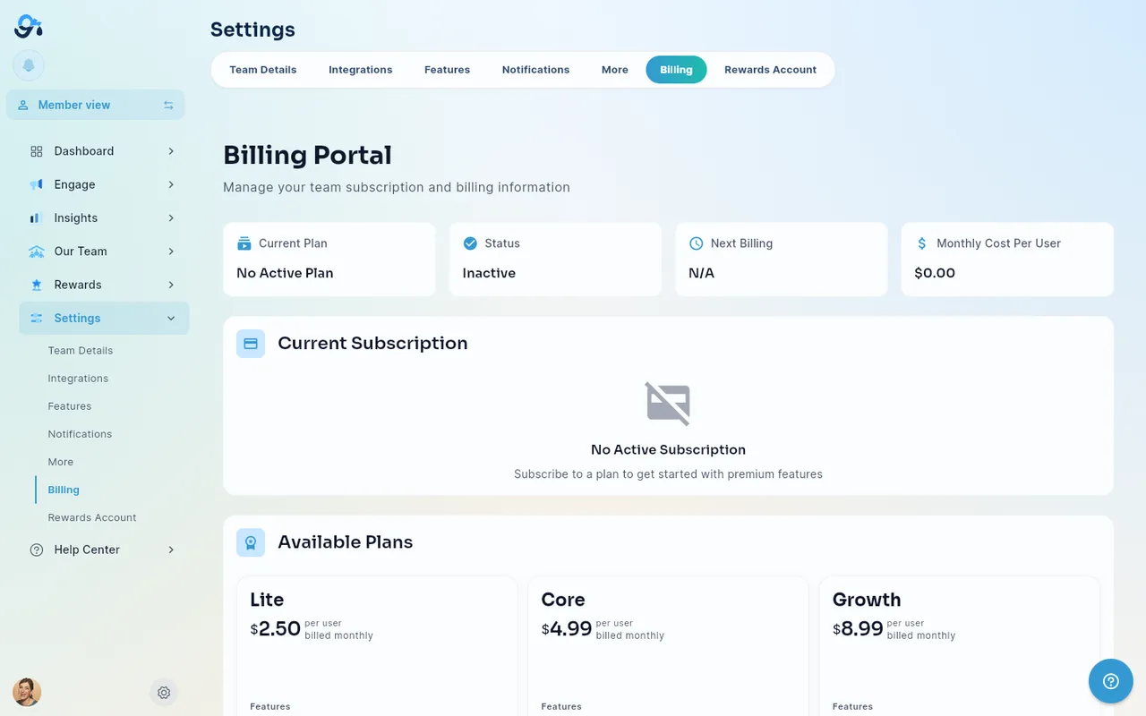 The Billing Portal, showing plan status and the Available Plans section with Lite, Core, and Growth tiers.