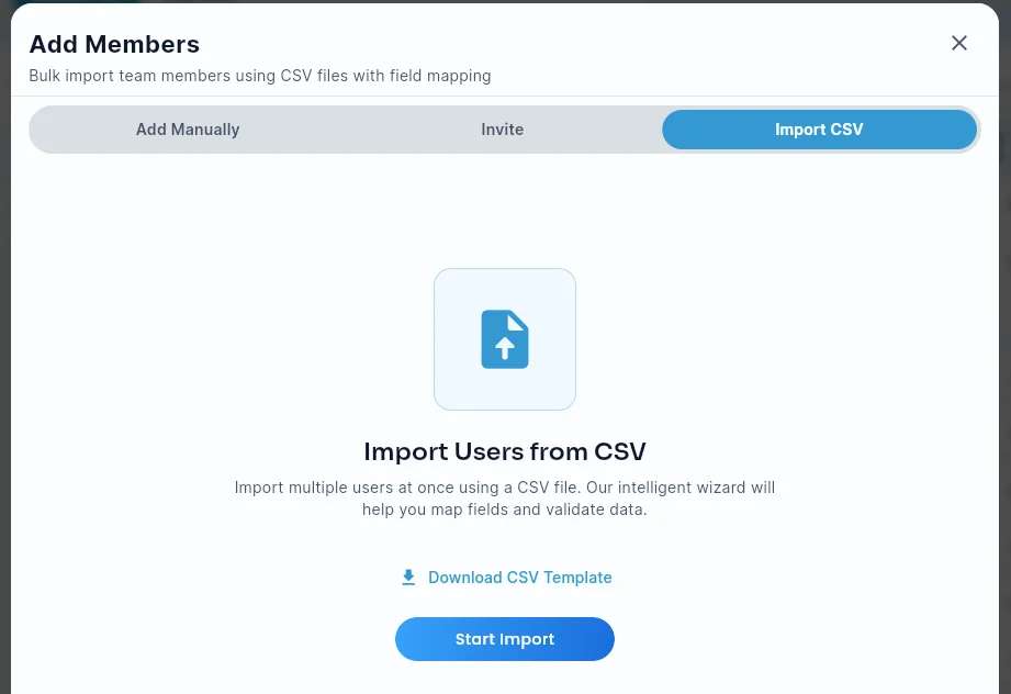 The Import CSV tab inside Add Members, with a Download CSV Template link and a Start Import button.