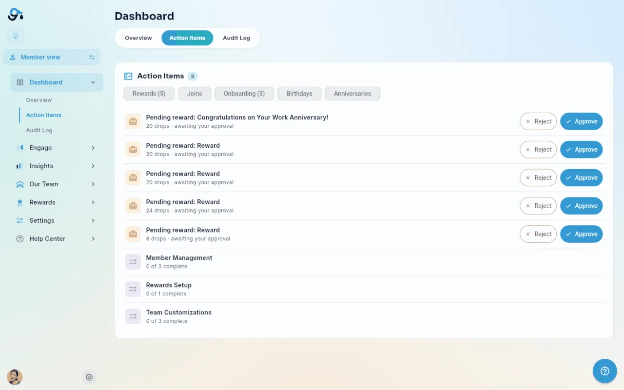 The Action Items tab, with filter chips and rows offering Reject/Approve or a completion checklist.