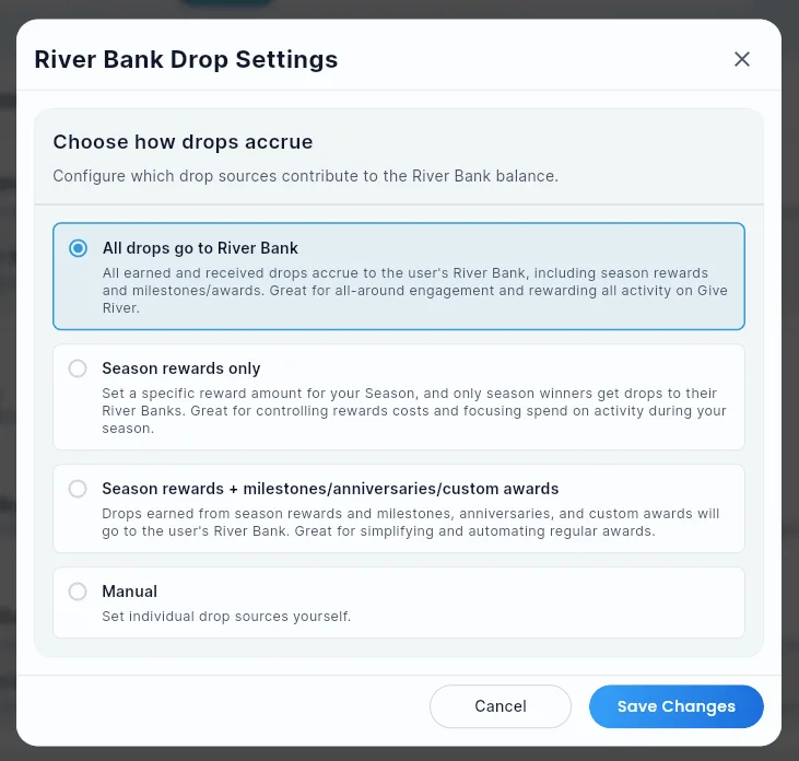 The River Bank Drop Settings dialog, with the four accrual templates and the currently-selected one highlighted.