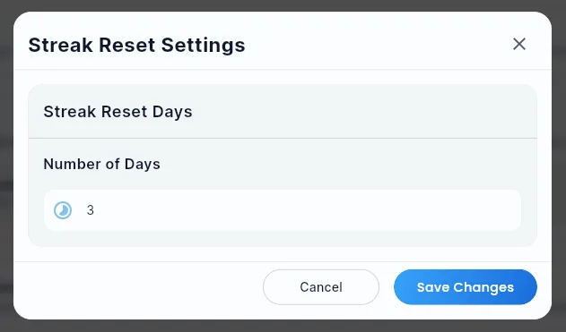 The Streak Reset Settings dialog, with the Number of Days field.