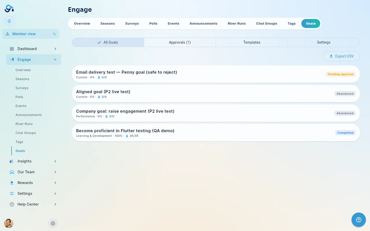 The Engage > Goals management hub, showing All Goals with each goal's category, progress, and status.
