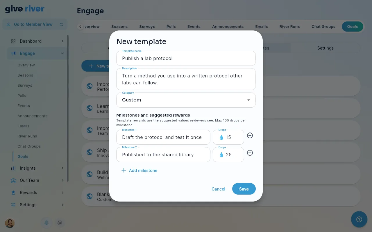 The New template dialog with a name, description, category and two milestones with suggested rewards.