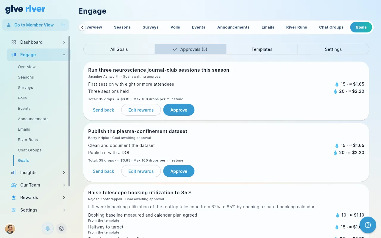 Engage > Goals on the Approvals view, showing goals awaiting approval with each milestone's reward, Send back, Edit rewards and Approve.