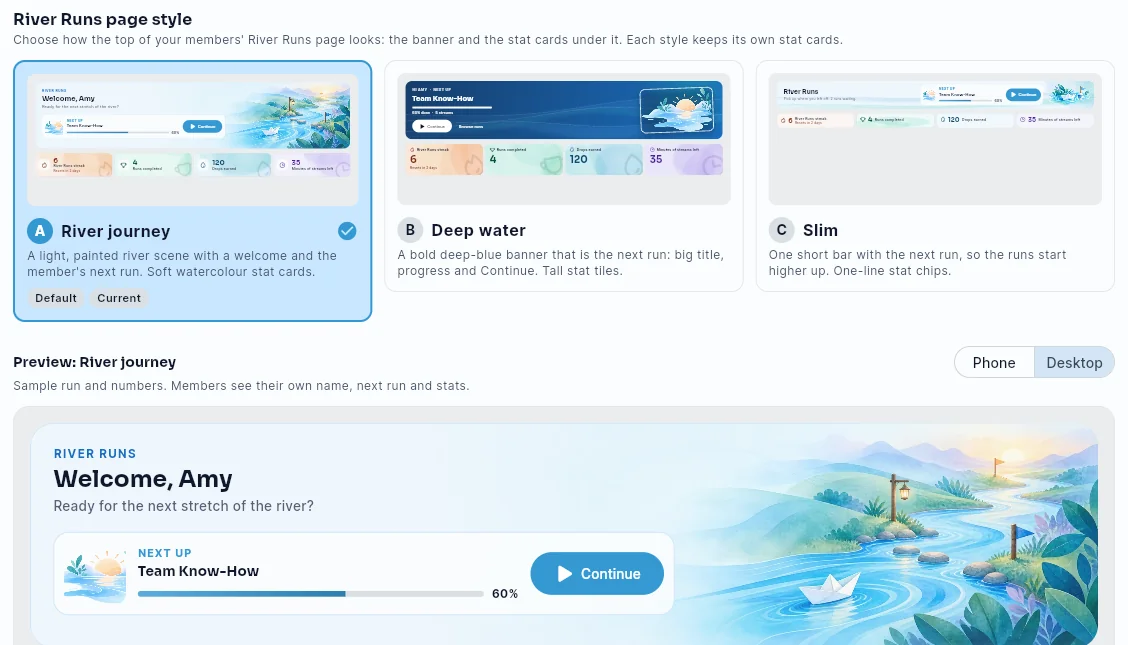 The River Runs page style picker: three styles with live previews, River journey selected, and a larger preview below.
