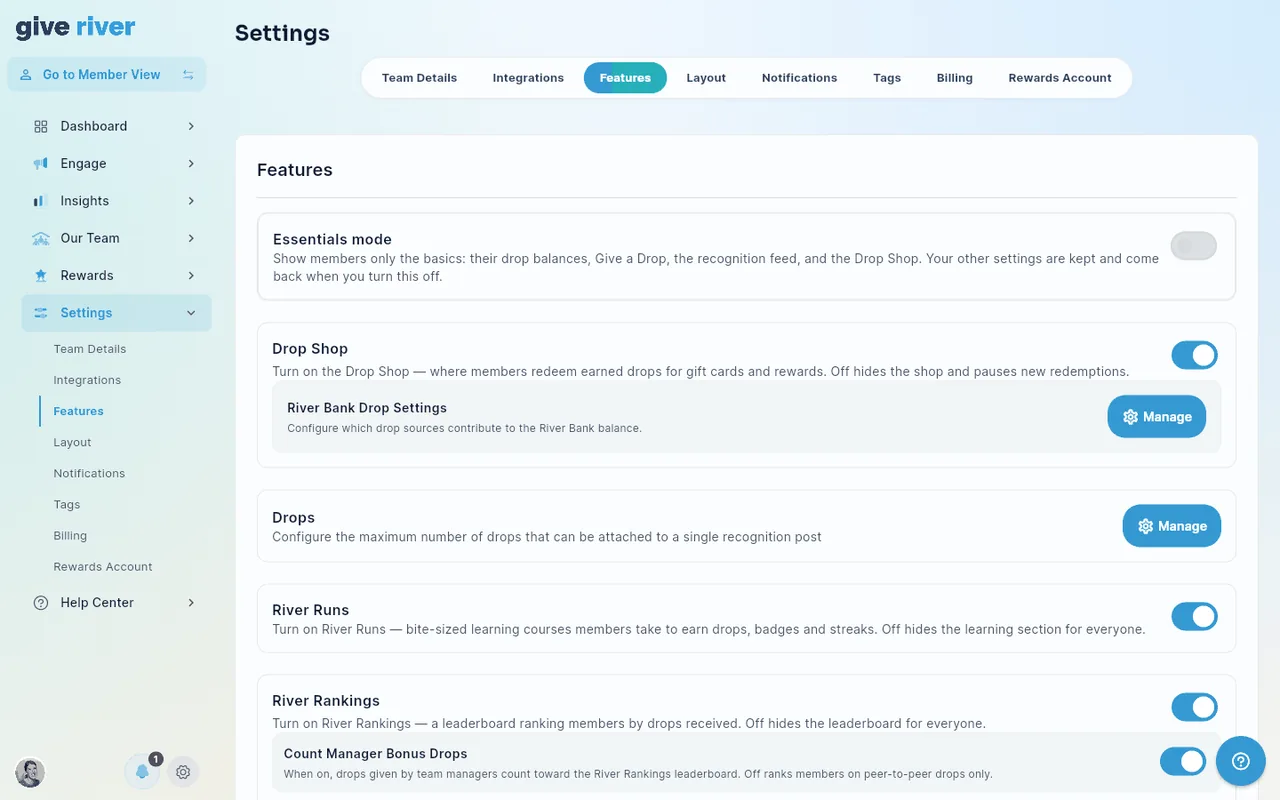 Settings › Features, with the Essentials mode switch at the top and the Drop Shop and River Runs switches below it.