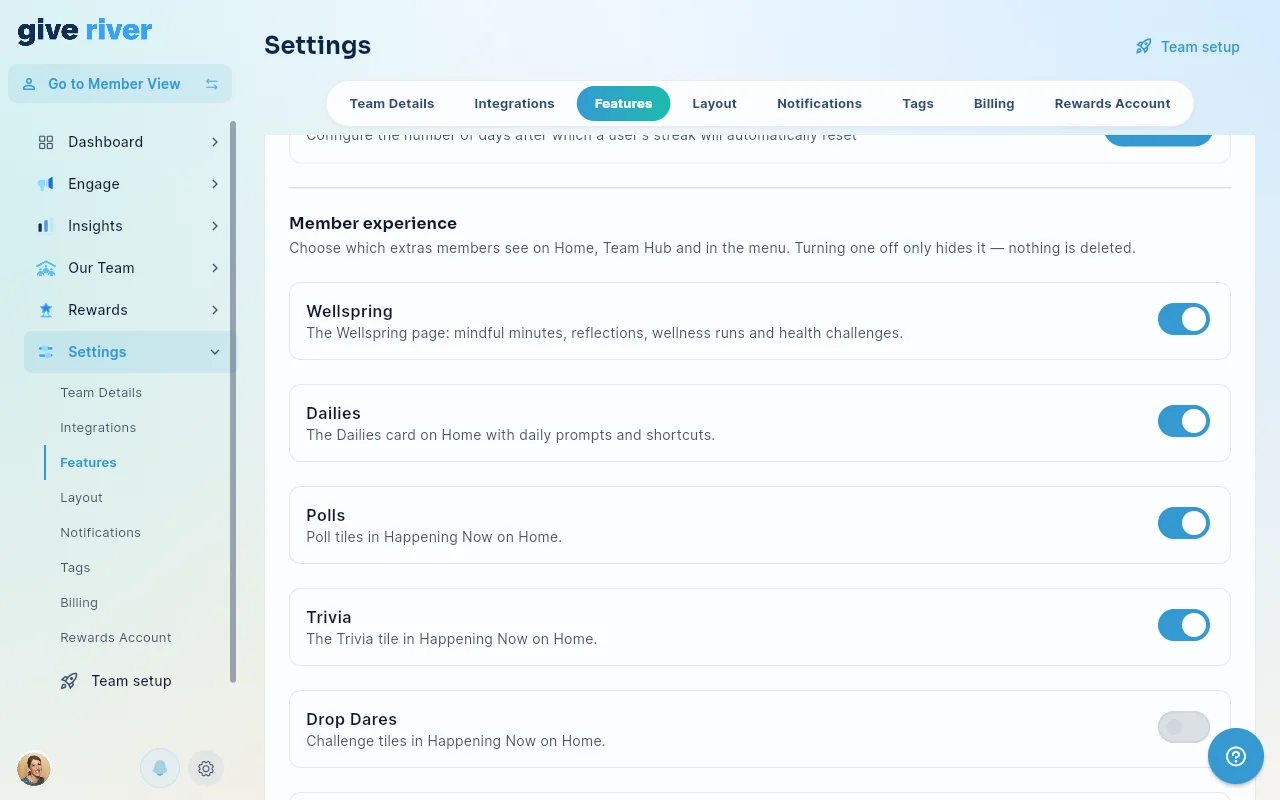 The Member experience switches in Settings › Features: Wellspring, Dailies, Polls, Trivia and Drop Dares.