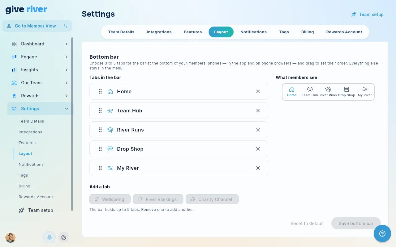 Settings › Layout › Bottom bar: the tabs in order, the Add a tab choices and the phone preview.