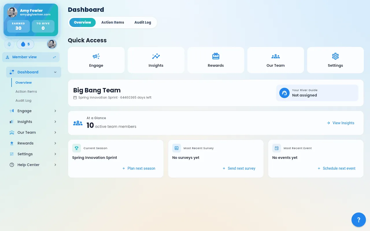 The admin dashboard scrolled to its action items panel.