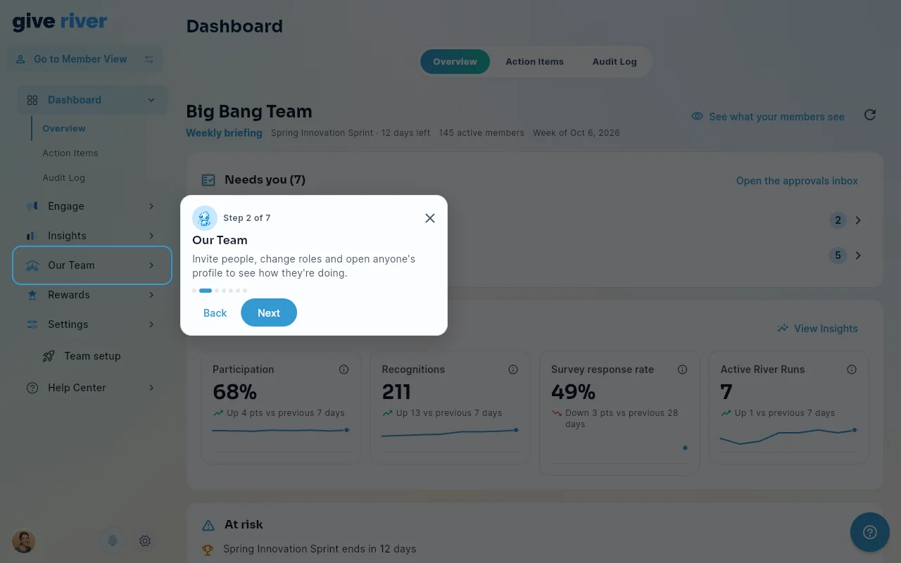 The admin tour on its Our Team stop, highlighting that item in the admin menu.