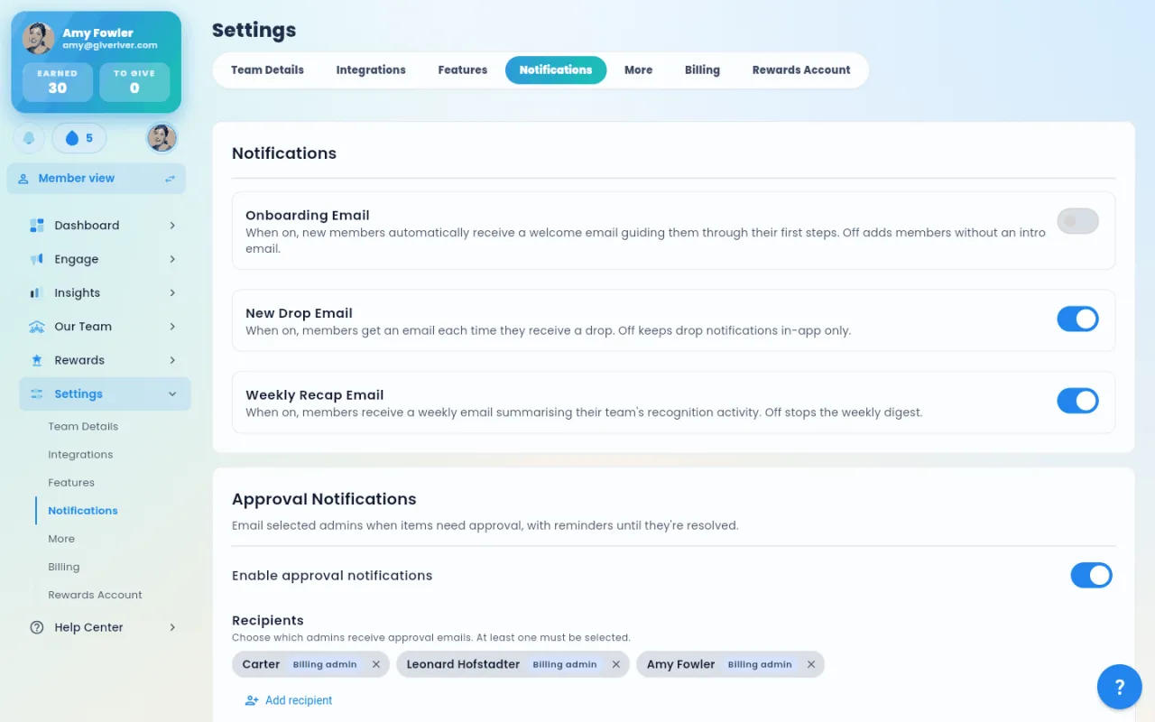 The Settings screen on the Notifications tab, showing the Onboarding Email, New Drop Email, and Weekly Recap Email toggles.