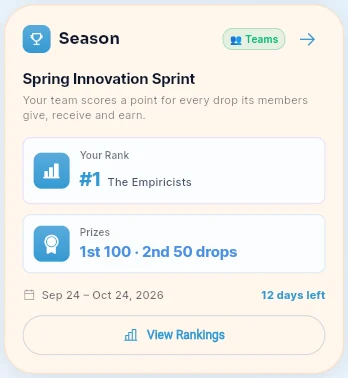 The Season card on a member's Home: the season, their team's rank, the prizes and the days left.