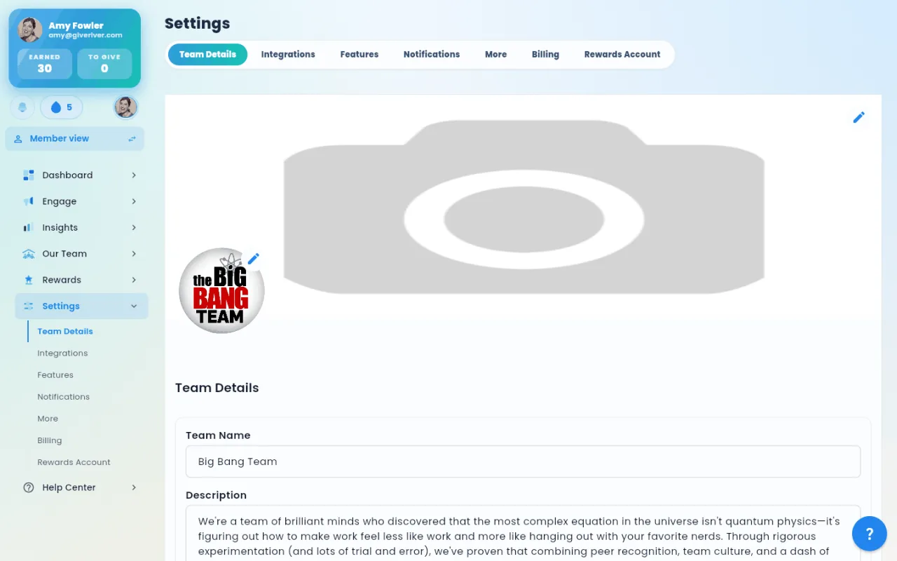 The Settings screen on the Team Details tab, showing the team cover image, logo, and Team Details fields.