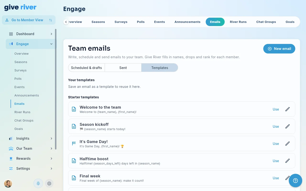 The Templates tab of Engage › Emails, listing the starter templates with Use and edit buttons.
