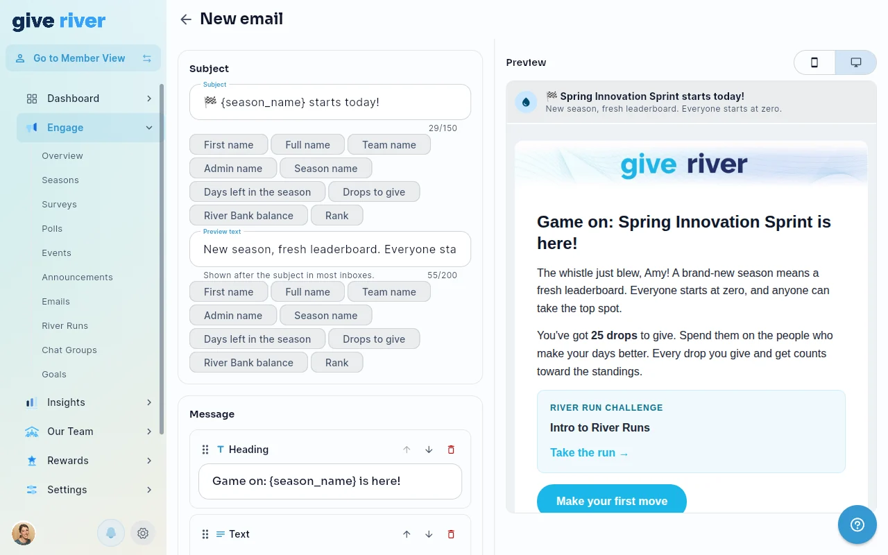 The email editor on the Season kickoff template: subject and preview text with merge-field chips, and the live preview on the right.