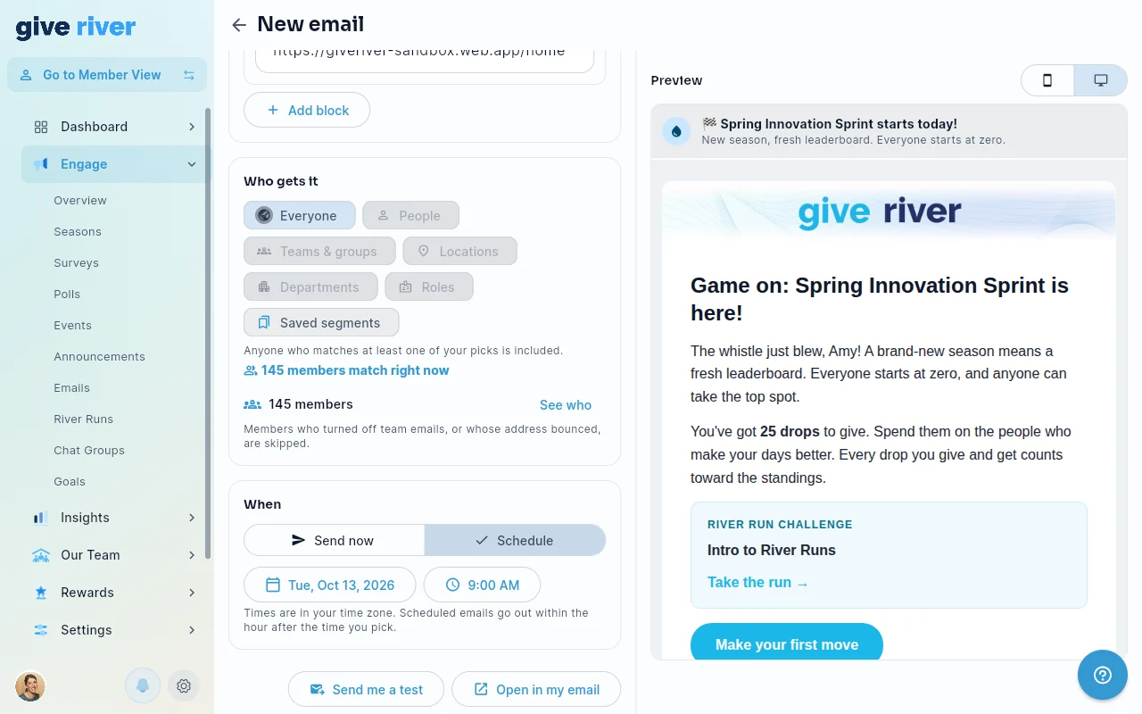 The Who gets it and When sections of the email editor, with Schedule selected.
