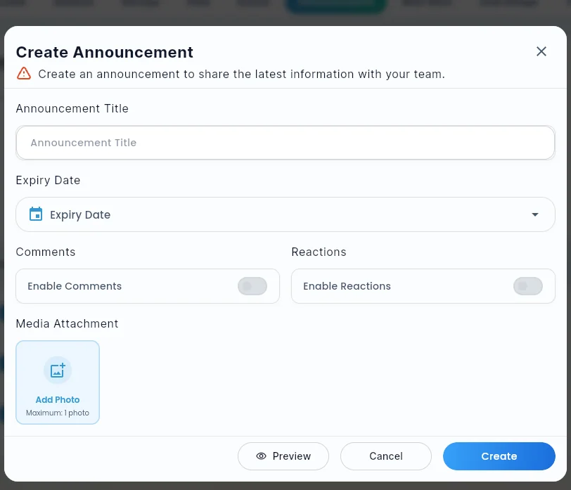 The Create Announcement dialog, with Title, Expiry Date, Enable Comments, Enable Reactions, and Media Attachment fields.