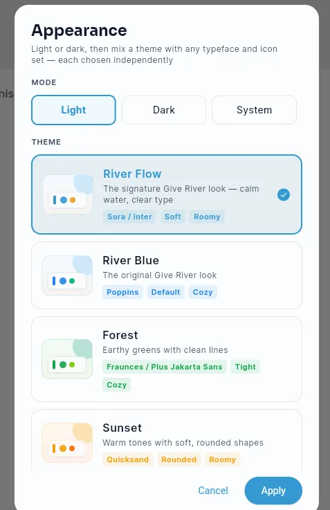 The Appearance panel, showing the Mode toggle and the Theme section with River Flow selected.