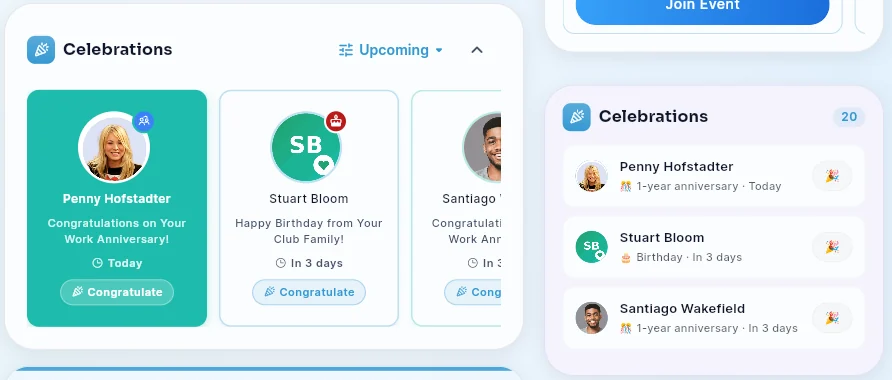 Celebrations on a member's Home: the feed card with Congratulate buttons and the side-column list.