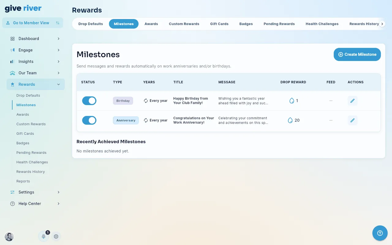 Rewards › Milestones with the yearly Birthday and Work Anniversary milestones switched on.