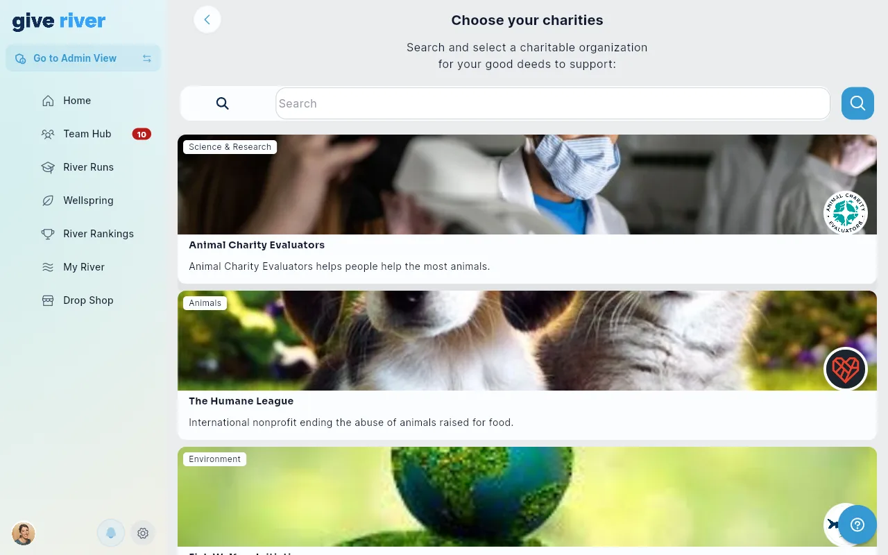 The Choose your charities page: a search bar above charity cards, each with a photo, a category label, the charity's name and a short description.