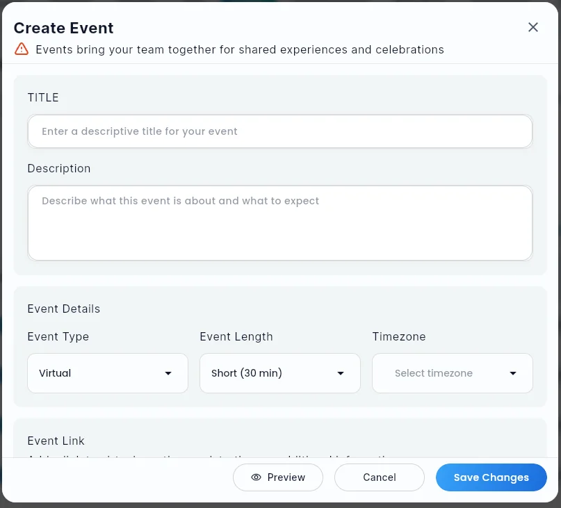 The Create Event dialog, with Title, Description, Event Type, Event Length, and Timezone fields.