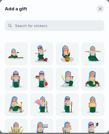 The Add a gift sticker picker, with a search bar and a grid of animated stickers.