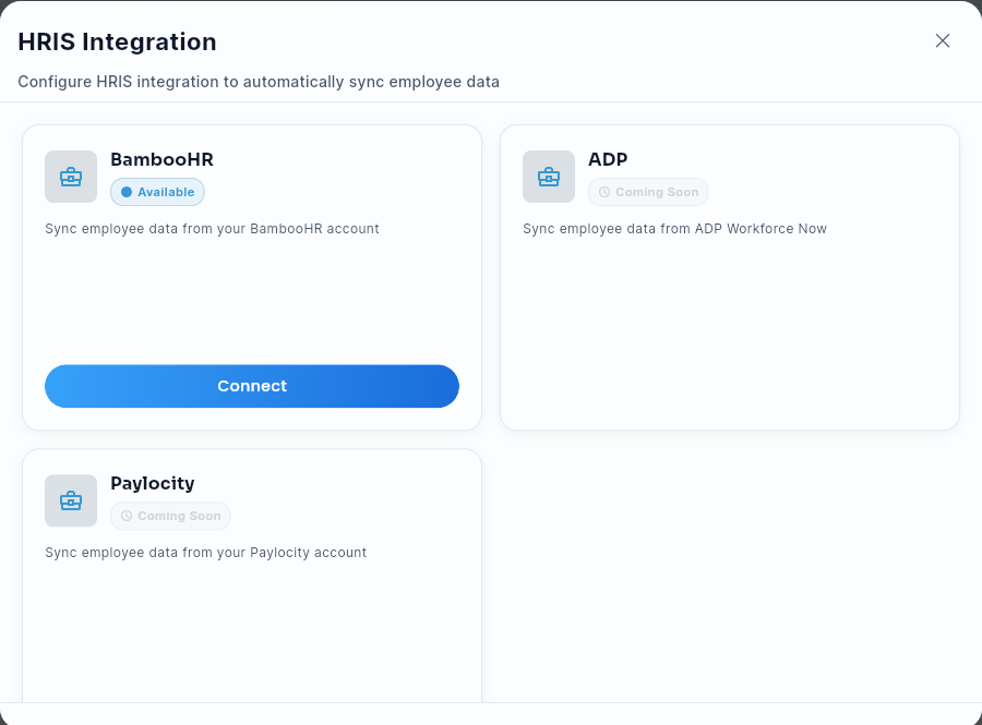 The HRIS Integration provider dialog, showing BambooHR (Available) alongside ADP and Paylocity (both Coming Soon).