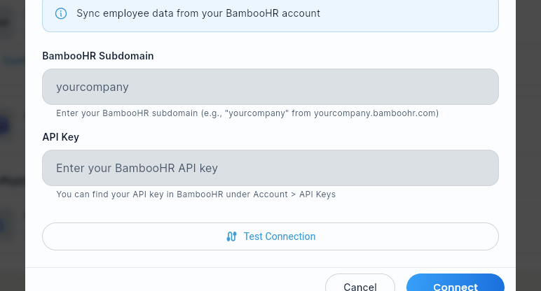 The BambooHR API-key form, with Subdomain and API Key fields, a Test Connection button, and Cancel/Connect buttons.