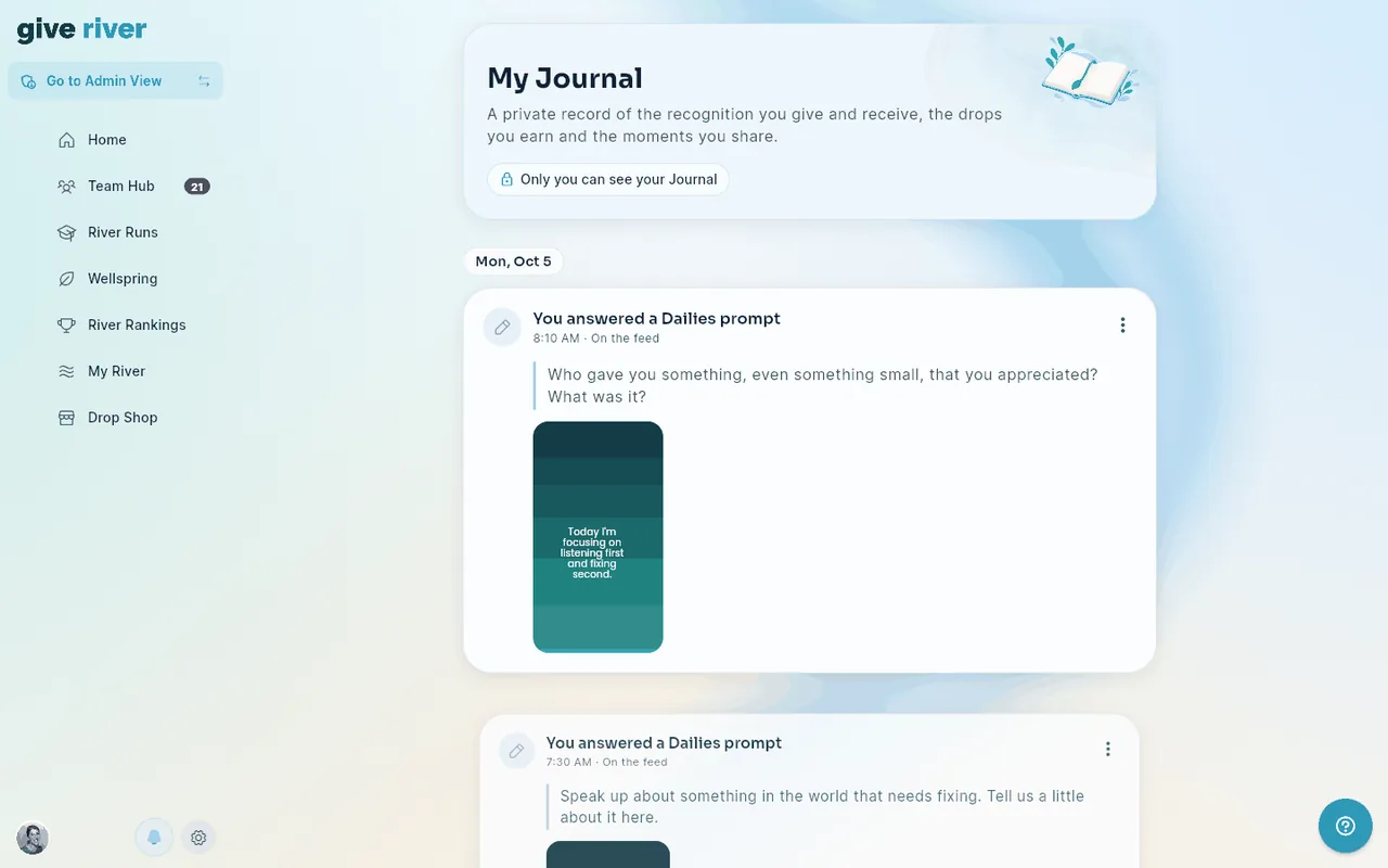 My Journal: entries grouped by date, each saying what you did and where it was shared.