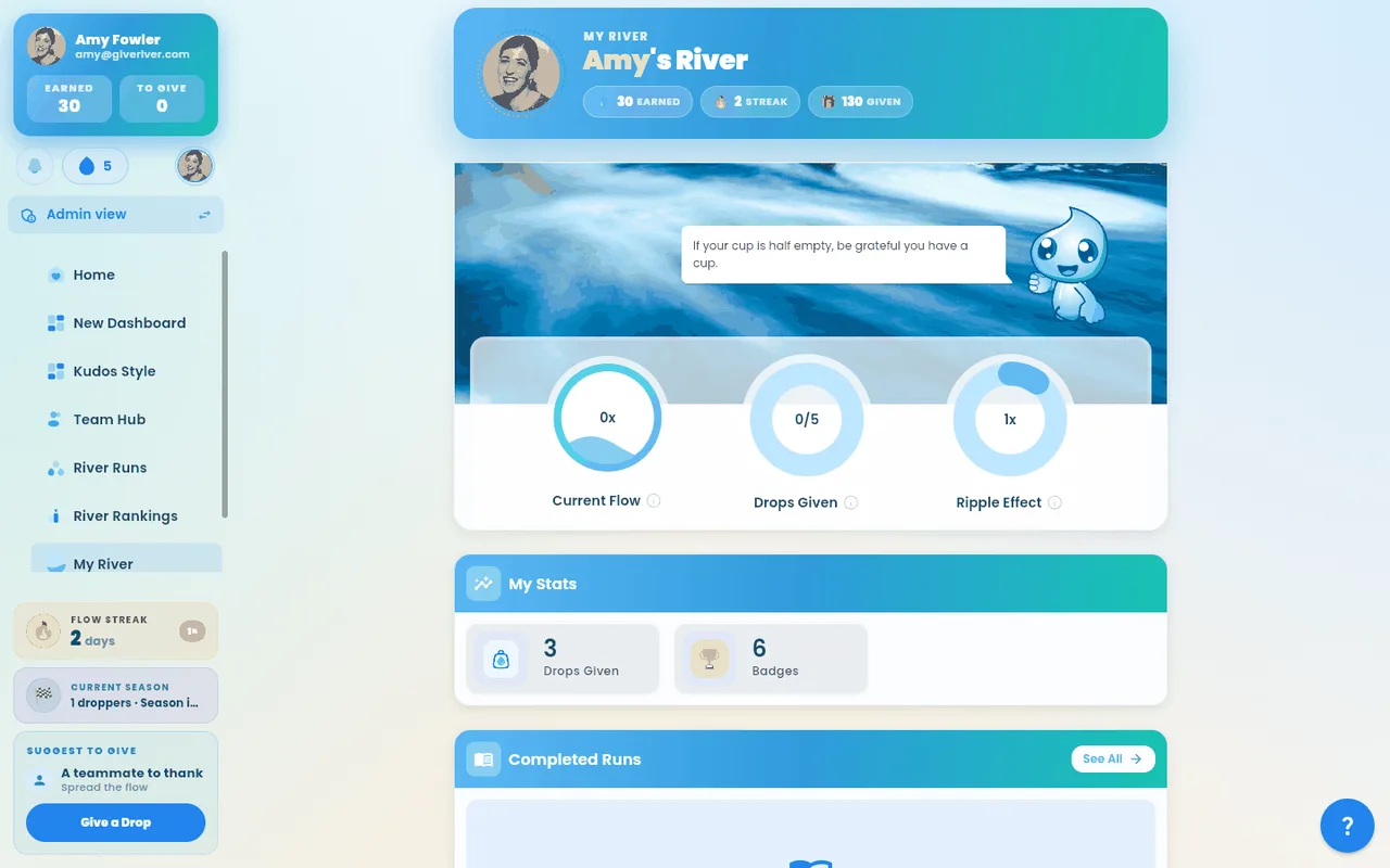 The My River personal dashboard with drop balances and activity stats.