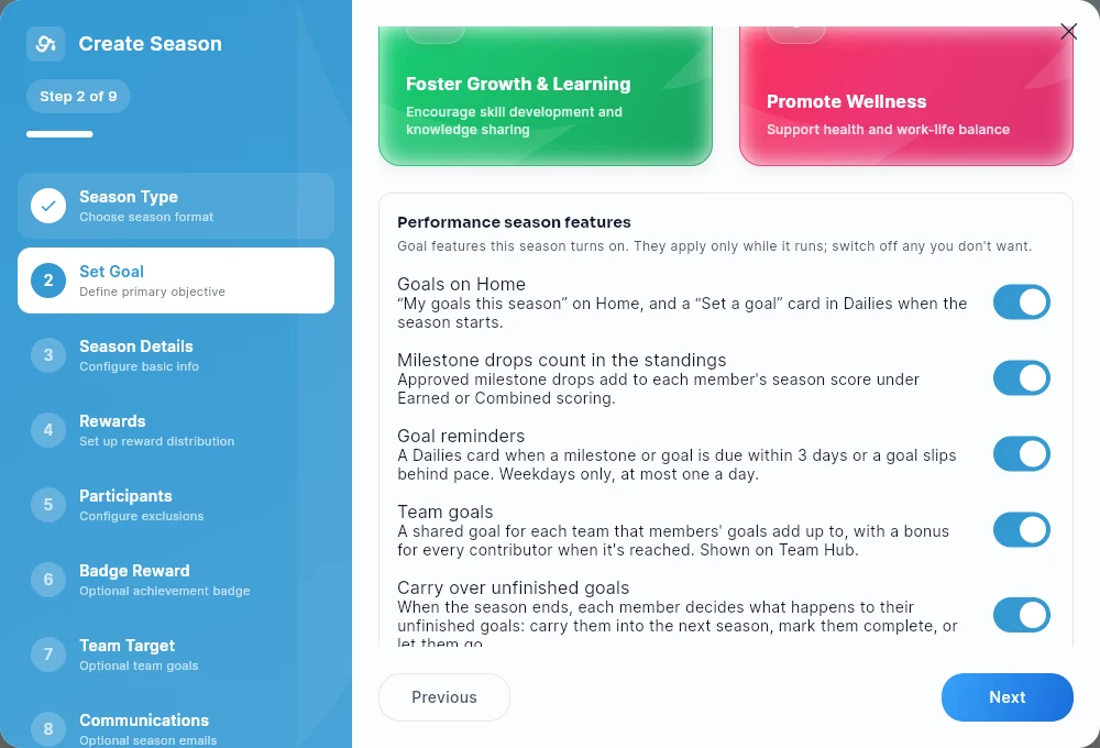 The Performance season features switches under the goal cards in the Create Season wizard.