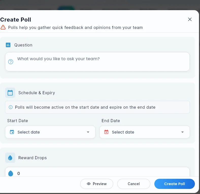 The Create Poll dialog, with Question, Schedule and Expiry dates, and Reward Drops fields.
