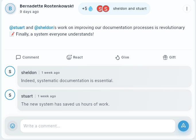 A post's comment thread, with existing comments and a Write a comment field.