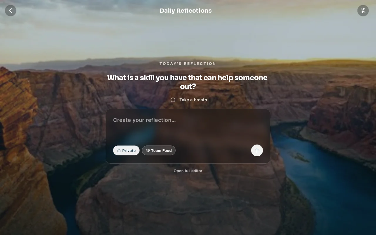 The reflection composer after Begin reflection: today's prompt, the text panel and the Private or Team Feed choice.