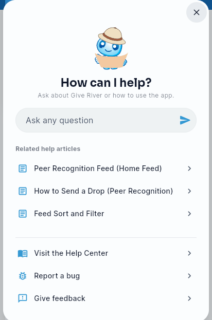The Help & Support popup, with Visit the Help Center, Report a bug, and Give feedback links.
