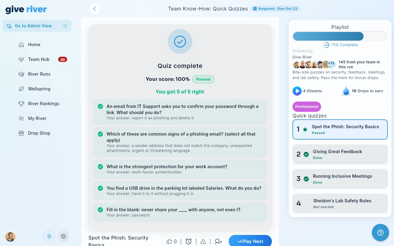 A finished quiz: the score, Passed, and a review of each answer.