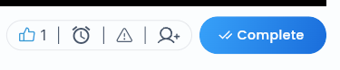The Stream action bar, showing a liked (highlighted) thumbs up icon, the reminder, report, and invite icons, and the Complete button.