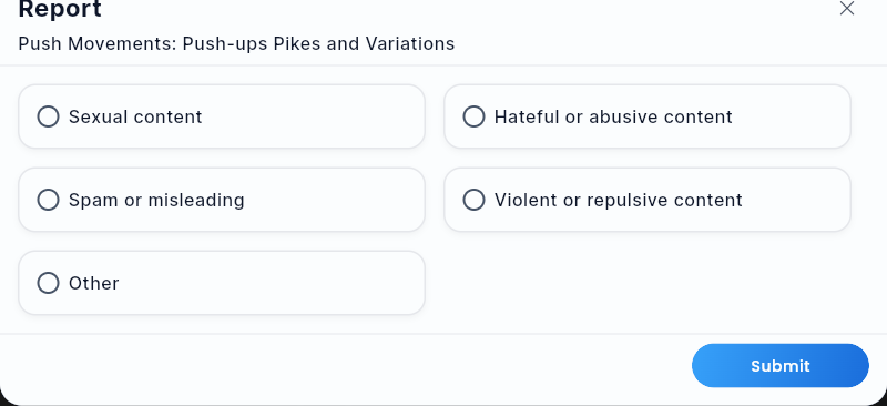 The Report dialog, with radio button options for Sexual content, Hateful or abusive content, Spam or misleading, Violent or repulsive content, and Other.