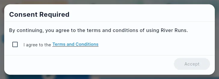 The Consent Required dialog: the terms message, an unticked I agree to the Terms and Conditions box, and a greyed-out Accept button.