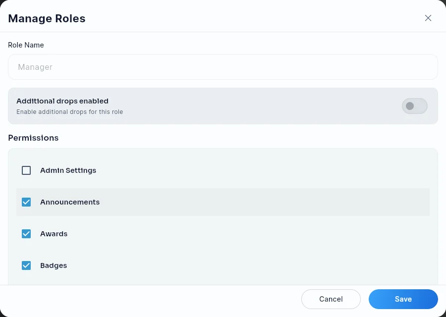 Editing the Manager role in Manage Roles: each permission is a checkbox.
