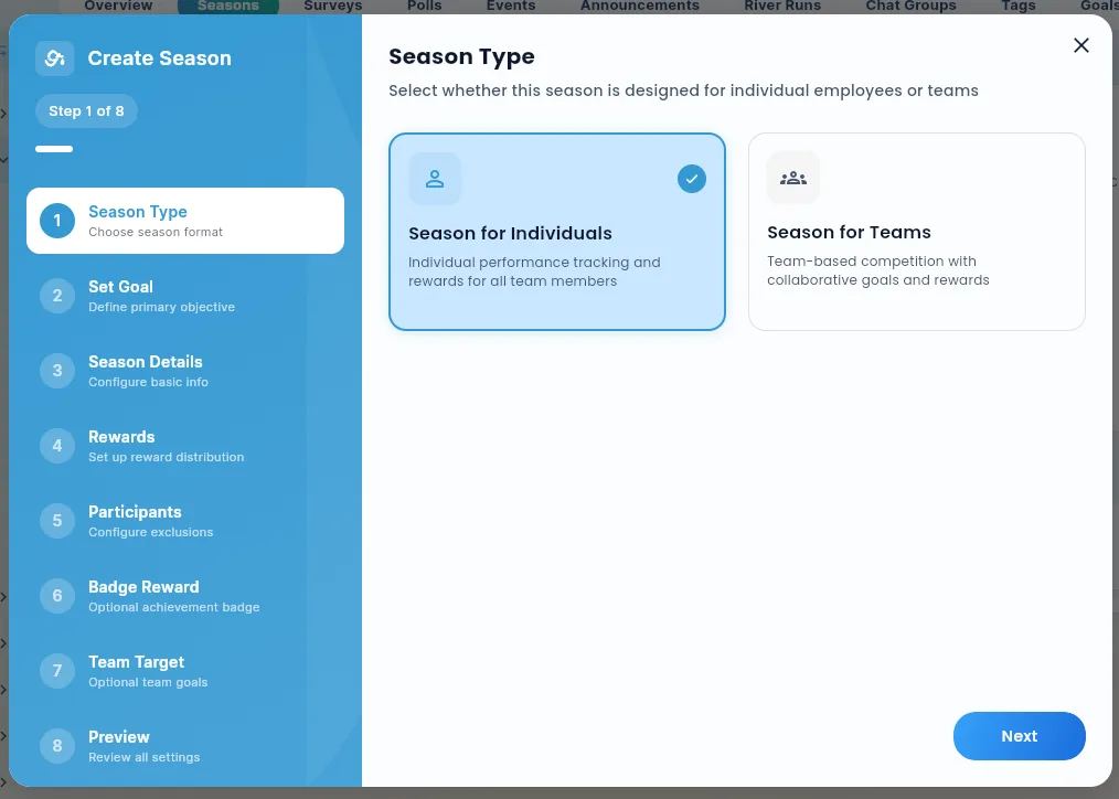 Step 1 of the season creation wizard, with the season type step selected and the Season for Individuals / Season for Teams cards.