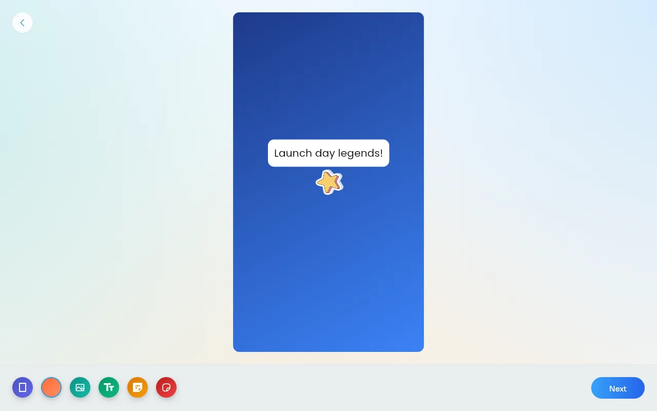 The Create canvas: a styled post with a line of text and a star sticker on a blue background, the toolbar along the bottom and Next on the right.
