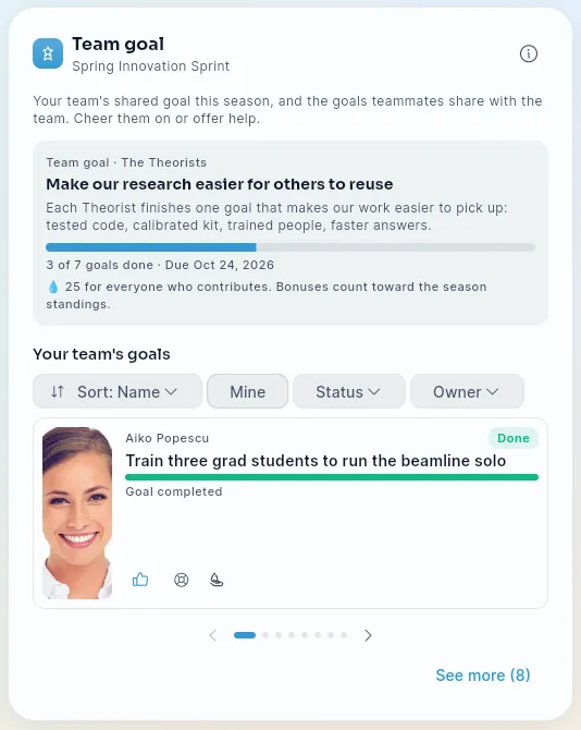 The Team goal card on Team Hub, showing the team's shared goal with its progress and bonus, and a teammate's completed goal with Cheer, Offer help and Recognize buttons.
