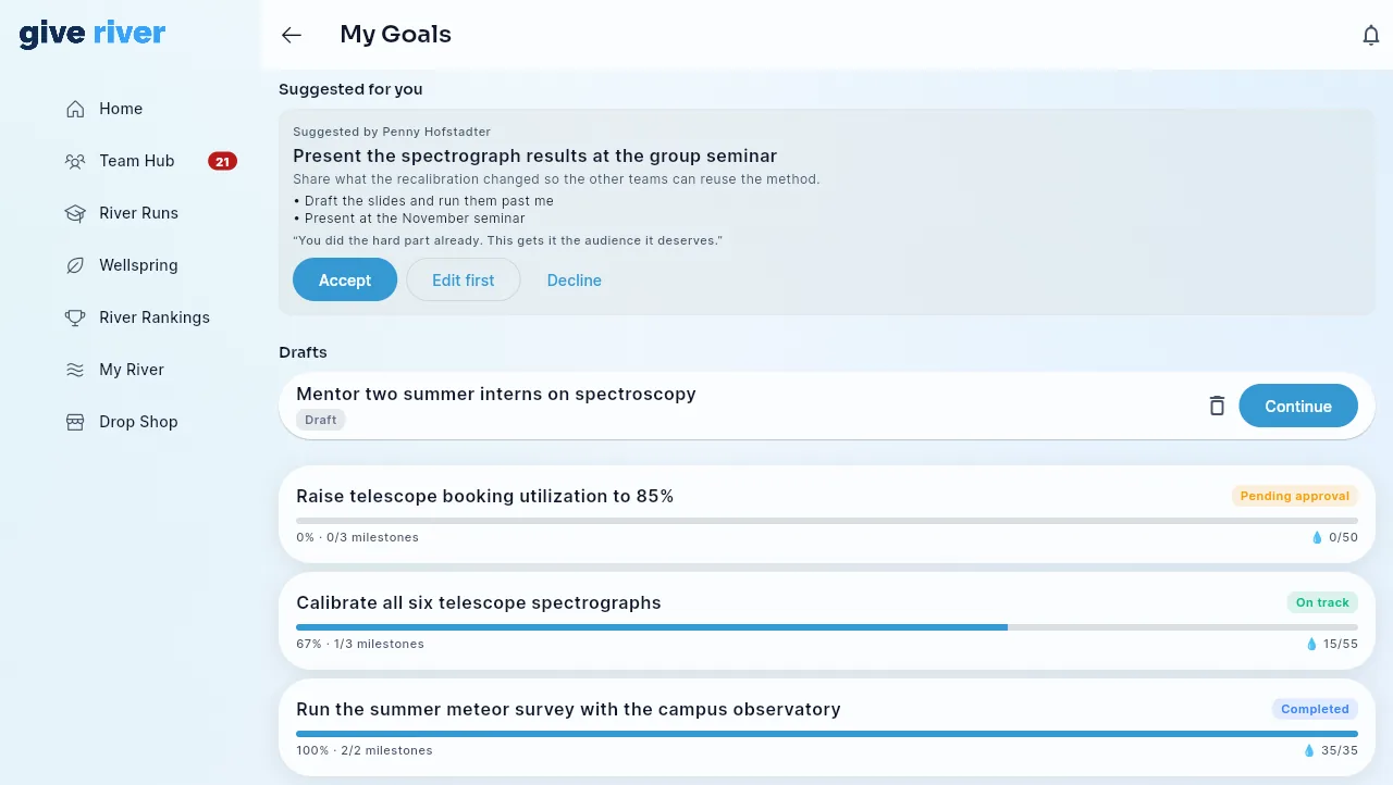 The full My Goals screen with a manager's suggestion under Suggested for you, a draft under Drafts, and three goals with progress bars and status chips.